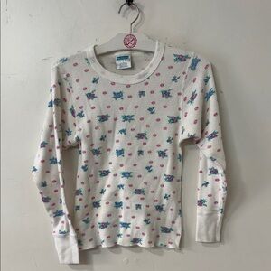 Vintage Floral Thermal Long Sleeve Top - White with Teal & Pink 90’s